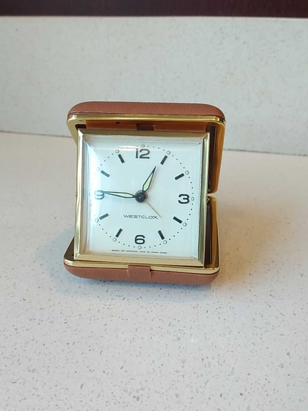 Vintage Hong Kong Westclox Tan Wind-up Travel Alarm Clock - Folding Compact Case